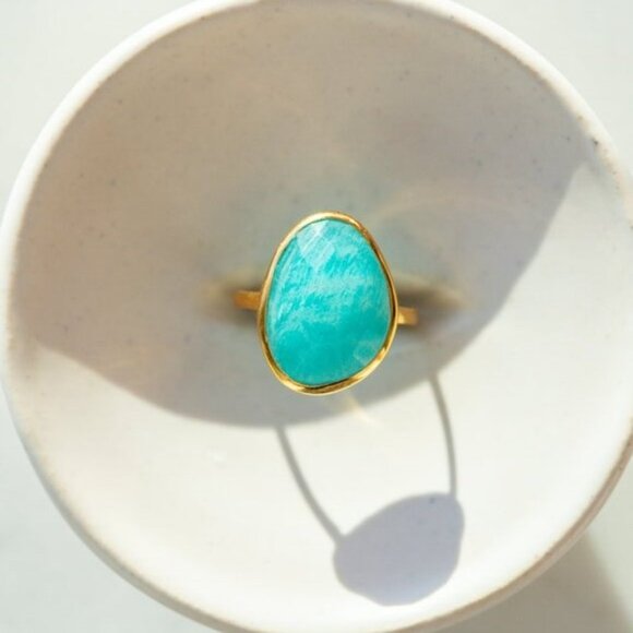 GORGEOUS Statement Amazonite Gemstone Cocktail Ring Gold Vermeil Ring sz 6-9 - Picture 1 of 8